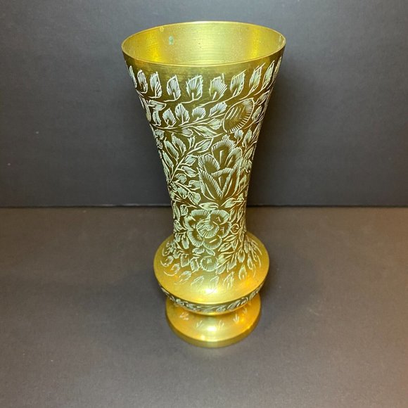 Vintage Brass Flower Vase Etched Floral Pattern India - Picture 2 of 7